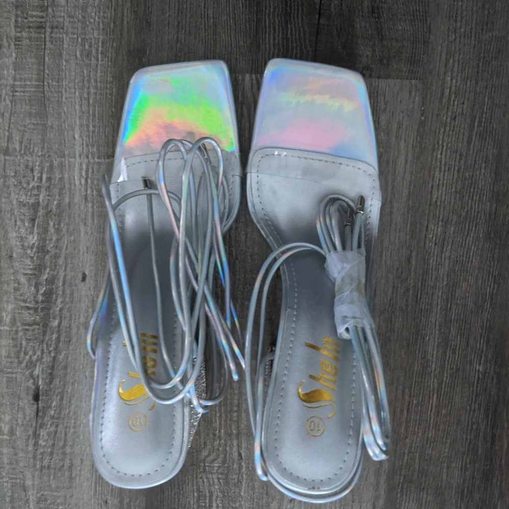 Funky Strappy Sandals For Women, Holographic Tie Leg Design Chunky Heel Size 10